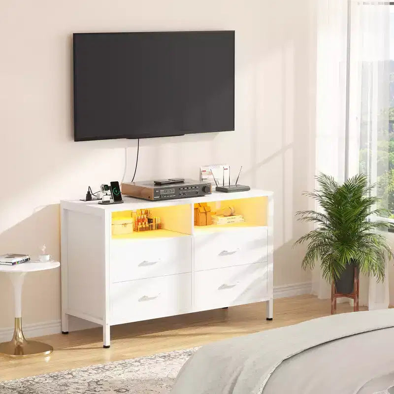 Cómoda para dormitorio con luces LED y tomas de corriente, mueble de TV con 4 cajones