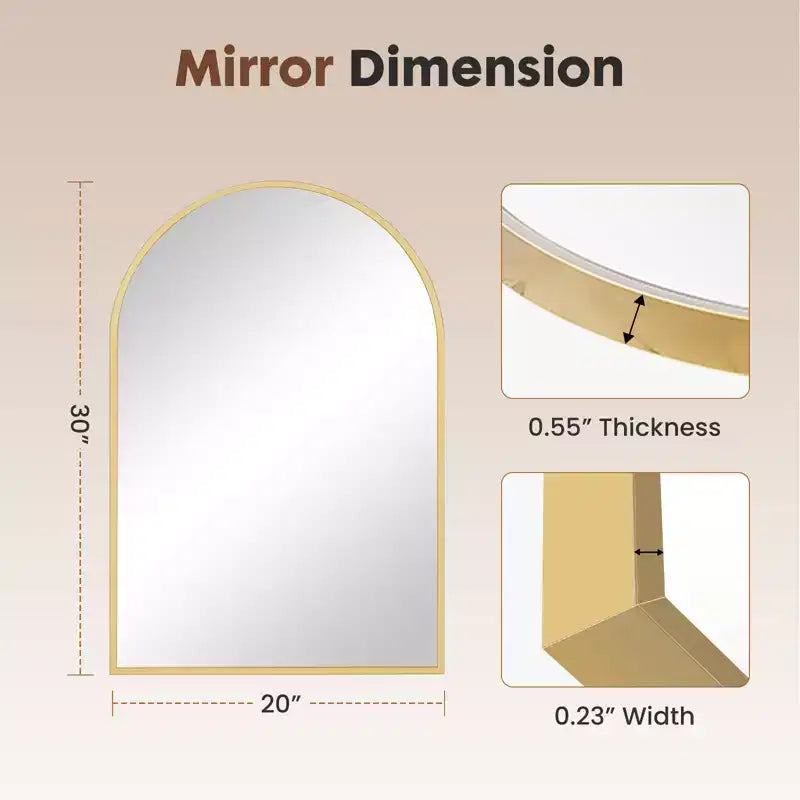 Espejo de baño de pared arqueado de 20x30 pulgadas con marco de metal para baño y dormitorio