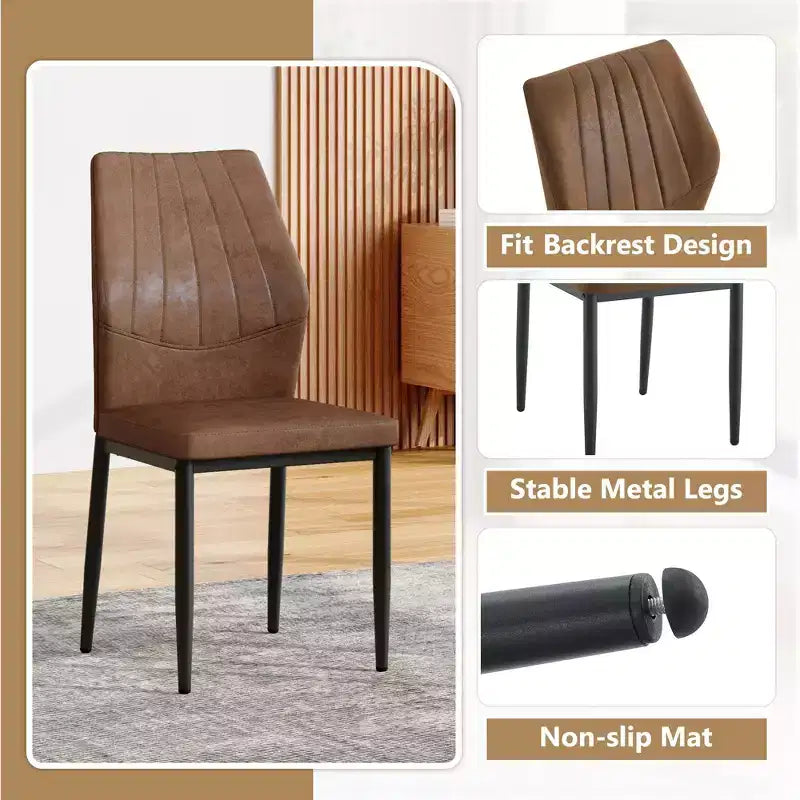 Juego de 4 sillas de comedor de polipiel con patas metálicas y asiento acolchado, marrón
