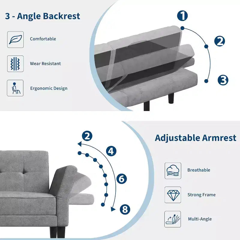 Sofá Cama Futón con Respaldo y Apoyabrazos Ajustables, Sofá Cama Convertible para Sala de Estar y Dormitorio