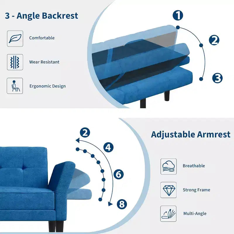 Sofá Cama Futón con Respaldo y Apoyabrazos Ajustables, Sofá Cama Convertible para Sala de Estar y Dormitorio