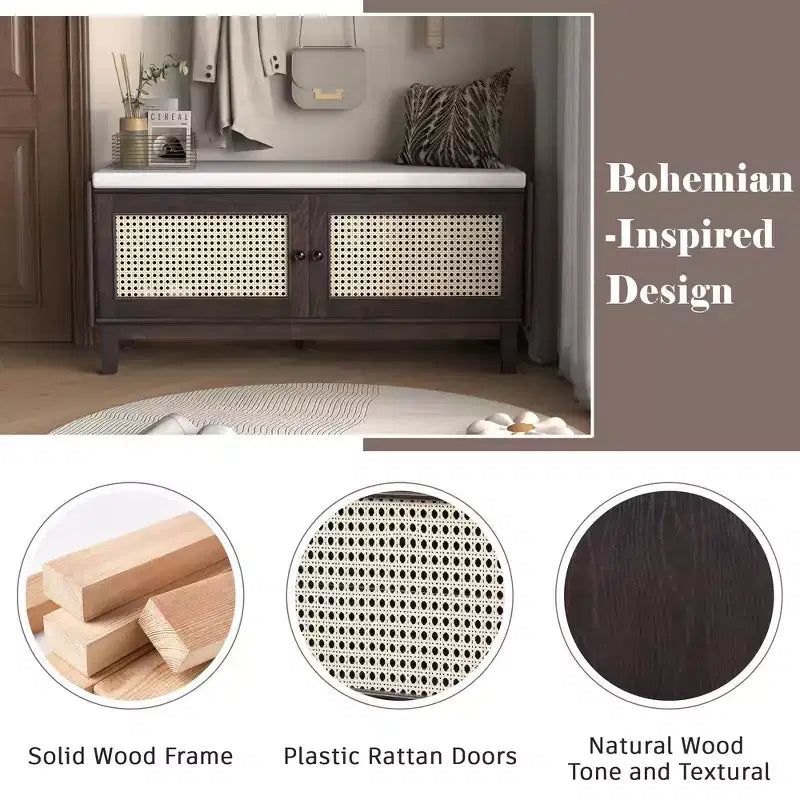 Banco de almacenamiento Boho para entrada, banco de zapatos de madera con cojín y puertas dobles de ratán
