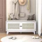 Banco de almacenamiento Boho para entrada, banco de zapatos de madera con cojín y puertas dobles de ratán