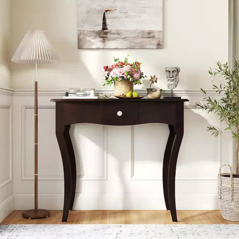 Mesa consola con cajón, estructura de madera maciza y rieles metálicos para el cajón, para recibidor