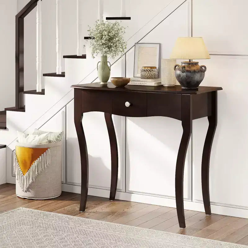 Mesa consola con cajón, estructura de madera maciza y rieles metálicos para el cajón, para recibidor