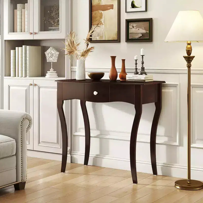 Mesa consola con cajón, estructura de madera maciza y rieles metálicos para el cajón, para recibidor