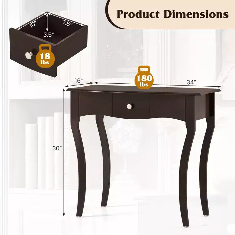 Mesa consola con cajón, estructura de madera maciza y rieles metálicos para el cajón, para recibidor