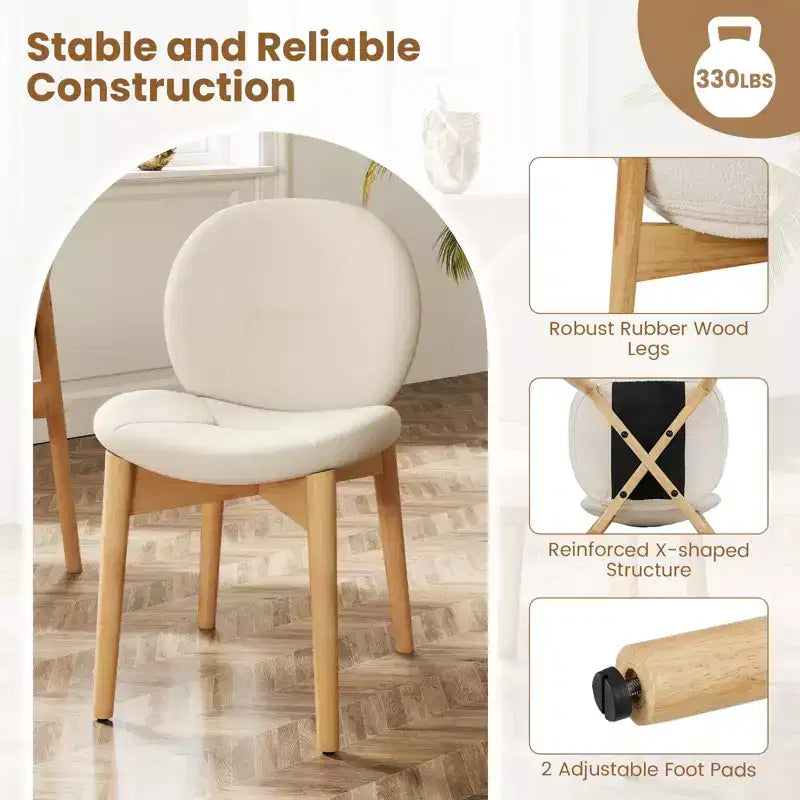 Juego de 2 sillas de comedor de madera, tapizadas en bouclé suave con asiento curvo