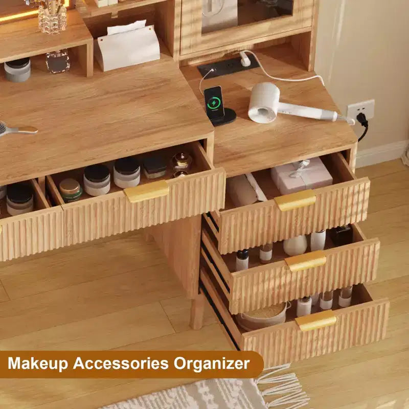 Tocador de Maquillaje con Luces y Toma de Corriente, Gran Tocador Moderno Acanalado con Espejo Iluminado HD de 24 pulgadas, 5 Cajones y Estante de Almacenamiento