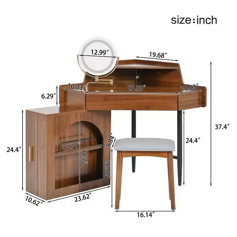 Tocador de esquina con espejo, juego moderno de tocador de maquillaje con taburete y gabinete, mesa de tocador de madera con cajones para dormitorio y baño