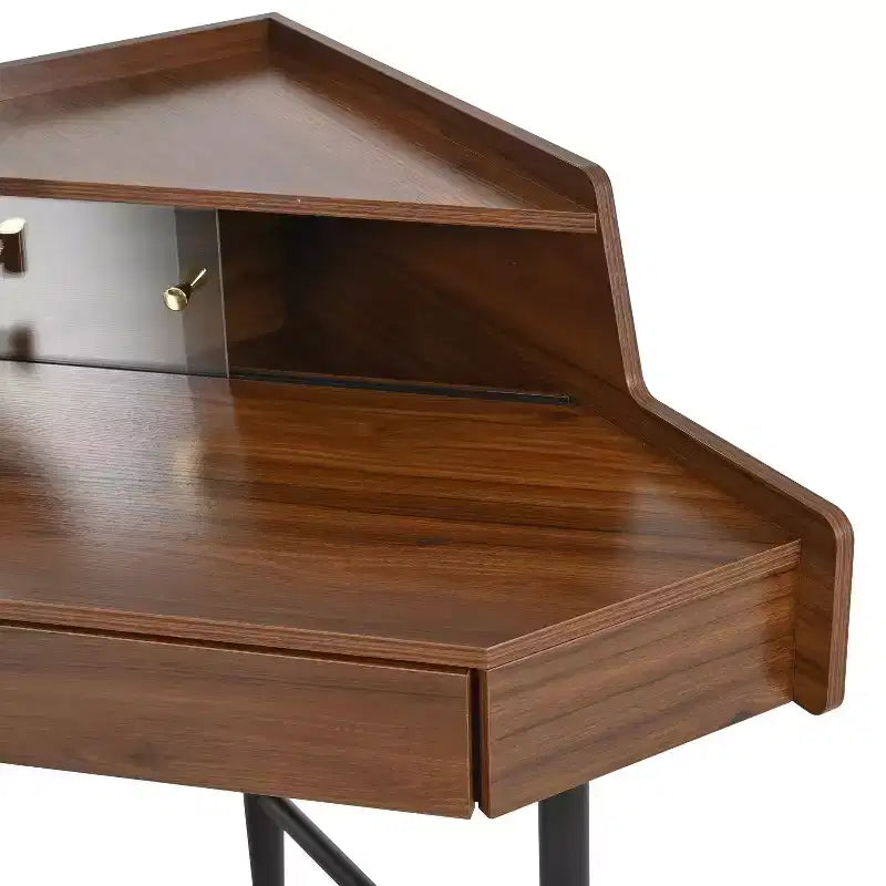 Tocador de esquina con espejo, juego moderno de tocador de maquillaje con taburete y gabinete, mesa de tocador de madera con cajones para dormitorio y baño