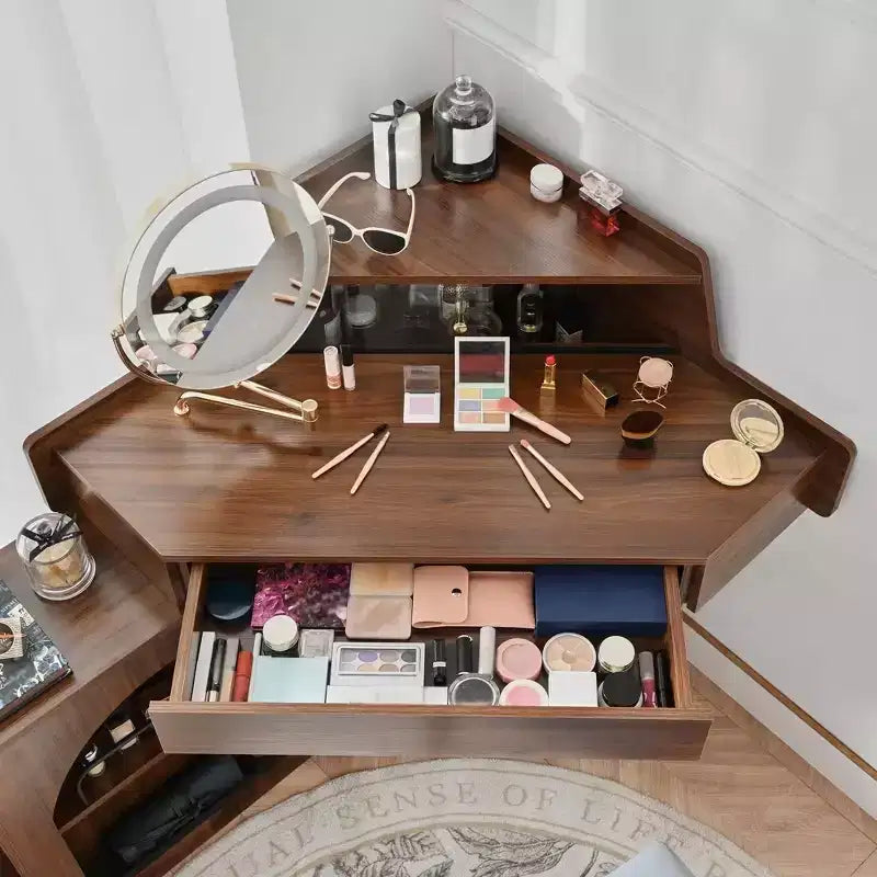Tocador de esquina con espejo, juego moderno de tocador de maquillaje con taburete y gabinete, mesa de tocador de madera con cajones para dormitorio y baño