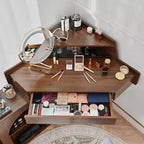 Tocador de esquina con espejo, juego moderno de tocador de maquillaje con taburete y gabinete, mesa de tocador de madera con cajones para dormitorio y baño