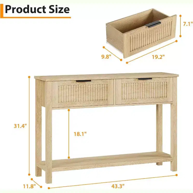 Mesa consola de entrada rústica de 43 pulgadas con 2 cajones y almacenamiento de 2 niveles para sala de estar, recibidor (color madera natural)