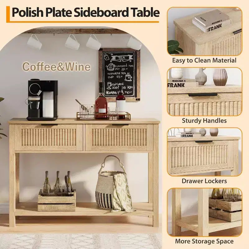 Mesa consola de entrada rústica de 43 pulgadas con 2 cajones y almacenamiento de 2 niveles para sala de estar, recibidor (color madera natural)