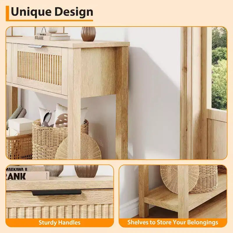 Mesa consola de entrada rústica de 43 pulgadas con 2 cajones y almacenamiento de 2 niveles para sala de estar, recibidor (color madera natural)