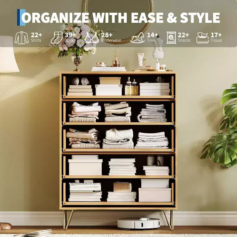 Cómoda acanalada para dormitorio con 5 cajones, 81 cm de ancho, moderna cómoda de madera para dormitorio con tiradores de metal, organizador de almacenamiento de ropa ancho, mueble para TV