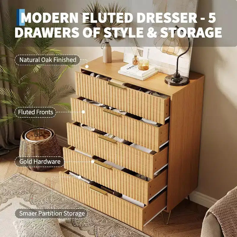 Cómoda acanalada para dormitorio con 5 cajones, 81 cm de ancho, moderna cómoda de madera para dormitorio con tiradores de metal, organizador de almacenamiento de ropa ancho, mueble para TV