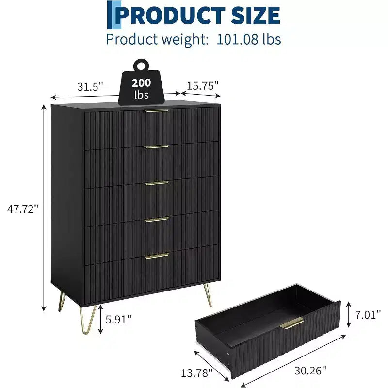 Cómoda acanalada para dormitorio con 5 cajones, 81 cm de ancho, moderna cómoda de madera para dormitorio con tiradores de metal, organizador de almacenamiento de ropa ancho, mueble para TV