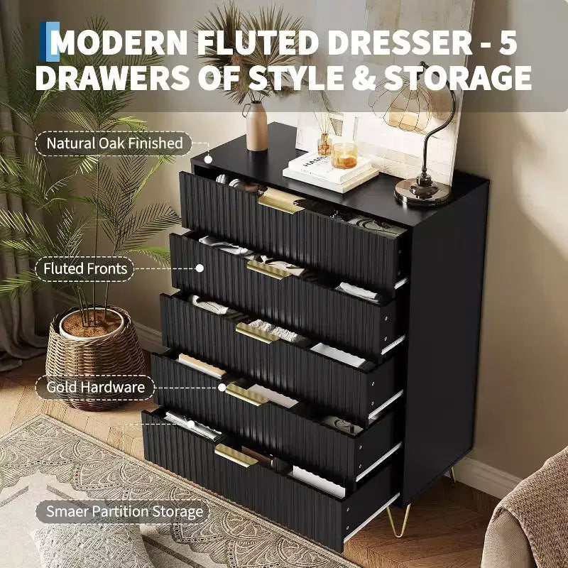 Cómoda acanalada para dormitorio con 5 cajones, 81 cm de ancho, moderna cómoda de madera para dormitorio con tiradores de metal, organizador de almacenamiento de ropa ancho, mueble para TV
