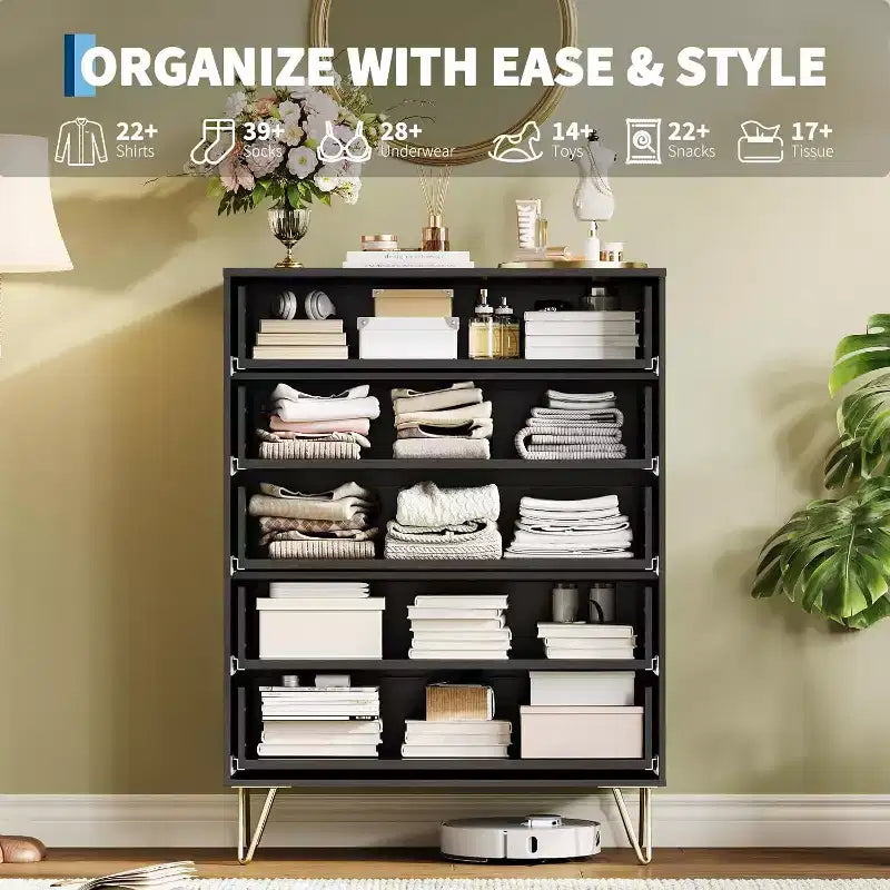Cómoda acanalada para dormitorio con 5 cajones, 81 cm de ancho, moderna cómoda de madera para dormitorio con tiradores de metal, organizador de almacenamiento de ropa ancho, mueble para TV