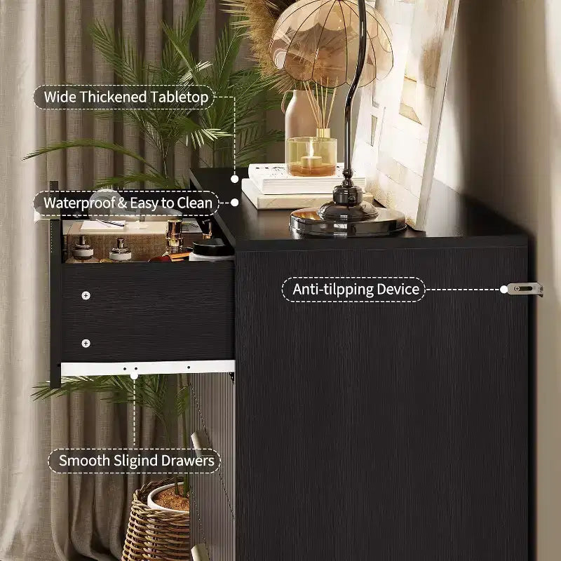 Cómoda acanalada para dormitorio con 5 cajones, 81 cm de ancho, moderna cómoda de madera para dormitorio con tiradores de metal, organizador de almacenamiento de ropa ancho, mueble para TV