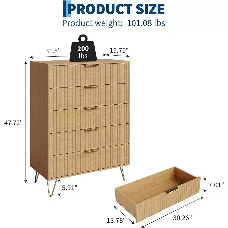 Cómoda acanalada para dormitorio con 5 cajones, 81 cm de ancho, moderna cómoda de madera para dormitorio con tiradores de metal, organizador de almacenamiento de ropa ancho, mueble para TV