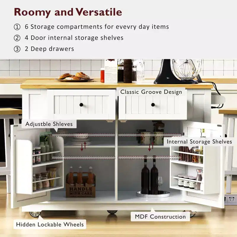Isla de cocina con almacenamiento, carritos de almacenamiento de cocina rodantes con ala abatible, toma de corriente, estantes, cajones y ruedas con bloqueo, blanco.