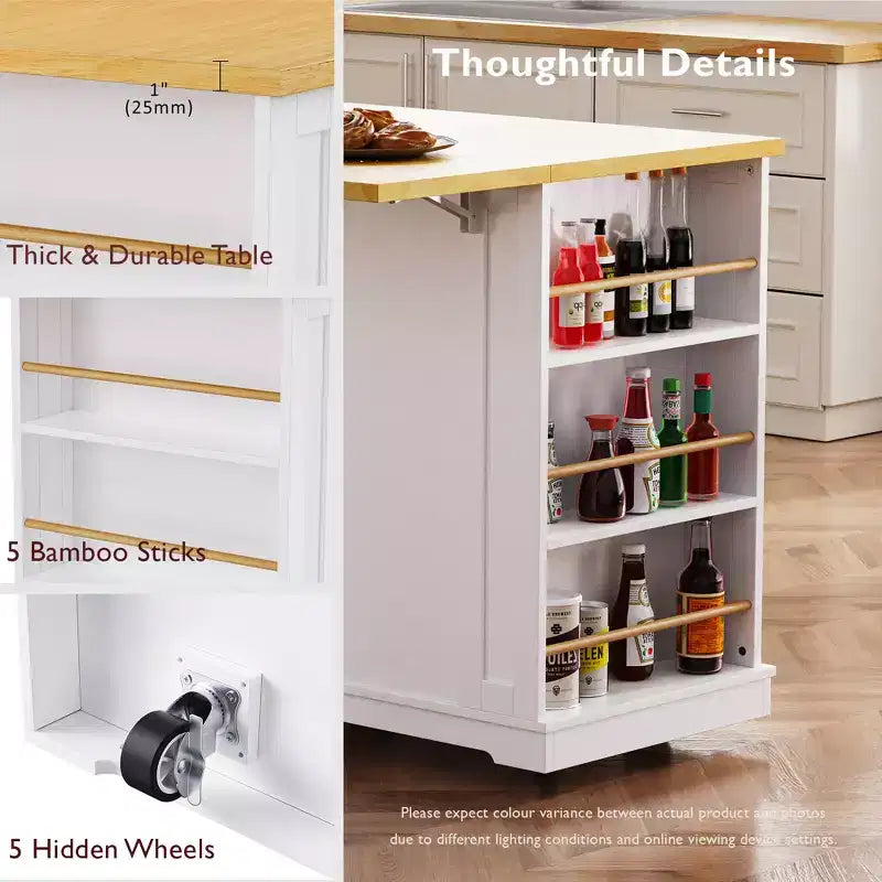 Isla de cocina con almacenamiento, carritos de almacenamiento de cocina rodantes con ala abatible, toma de corriente, estantes, cajones y ruedas con bloqueo, blanco.