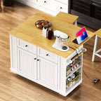 Isla de cocina con almacenamiento, carritos de almacenamiento de cocina rodantes con ala abatible, toma de corriente, estantes, cajones y ruedas con bloqueo, blanco.
