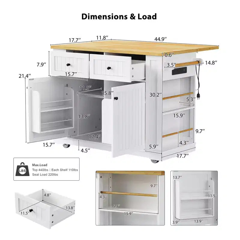 Isla de cocina con almacenamiento, carritos de almacenamiento de cocina rodantes con ala abatible, toma de corriente, estantes, cajones y ruedas con bloqueo, blanco.