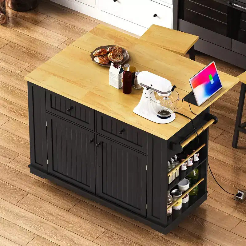 Isla de cocina con almacenamiento, carritos de almacenamiento de cocina rodantes con ala abatible, toma de corriente, estantes, cajones y ruedas con bloqueo, blanco.