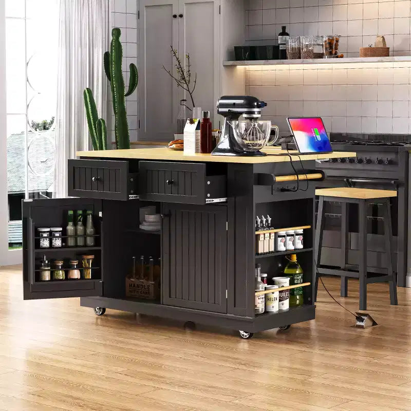 Isla de cocina con almacenamiento, carritos de almacenamiento de cocina rodantes con ala abatible, toma de corriente, estantes, cajones y ruedas con bloqueo, blanco.