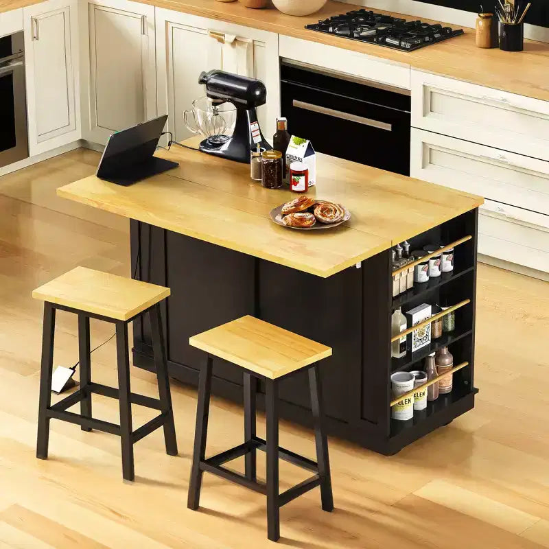 Isla de cocina con almacenamiento, carritos de almacenamiento de cocina rodantes con ala abatible, toma de corriente, estantes, cajones y ruedas con bloqueo, blanco.