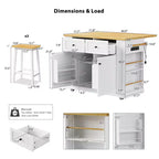 Isla de cocina con almacenamiento, carritos de almacenamiento de cocina rodantes con ala abatible, toma de corriente, estantes, cajones y ruedas con bloqueo, blanco.