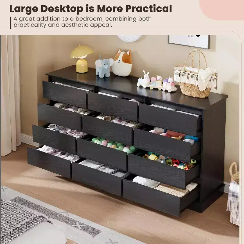 Cómoda de 5 a 12 cajones para dormitorio, cómoda doble grande con cajones profundos y parte superior ancha, cómoda de madera alta para sala de estar, pasillo, habitación de niños