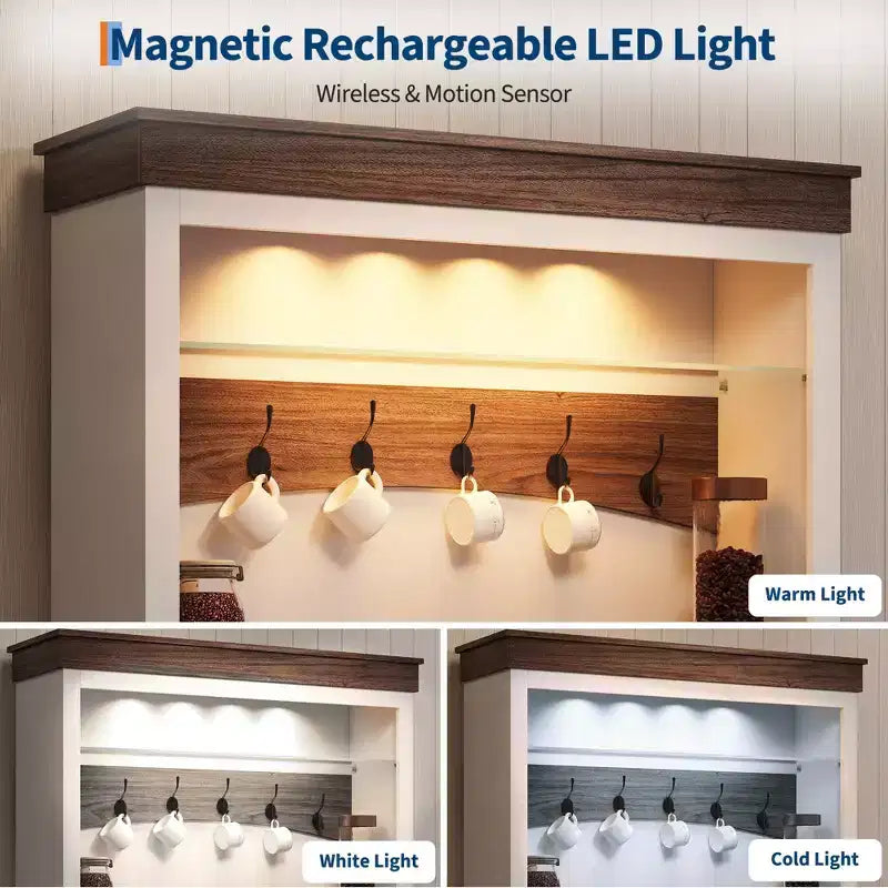 Mueble para cafetería con luz LED, aparador alto de estilo rústico con almacenamiento, armario buffet con soporte para microondas