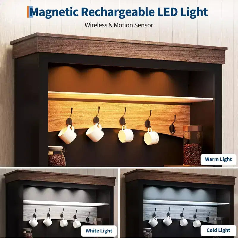 Mueble para cafetería con luz LED, aparador alto de estilo rústico con almacenamiento, armario buffet con soporte para microondas