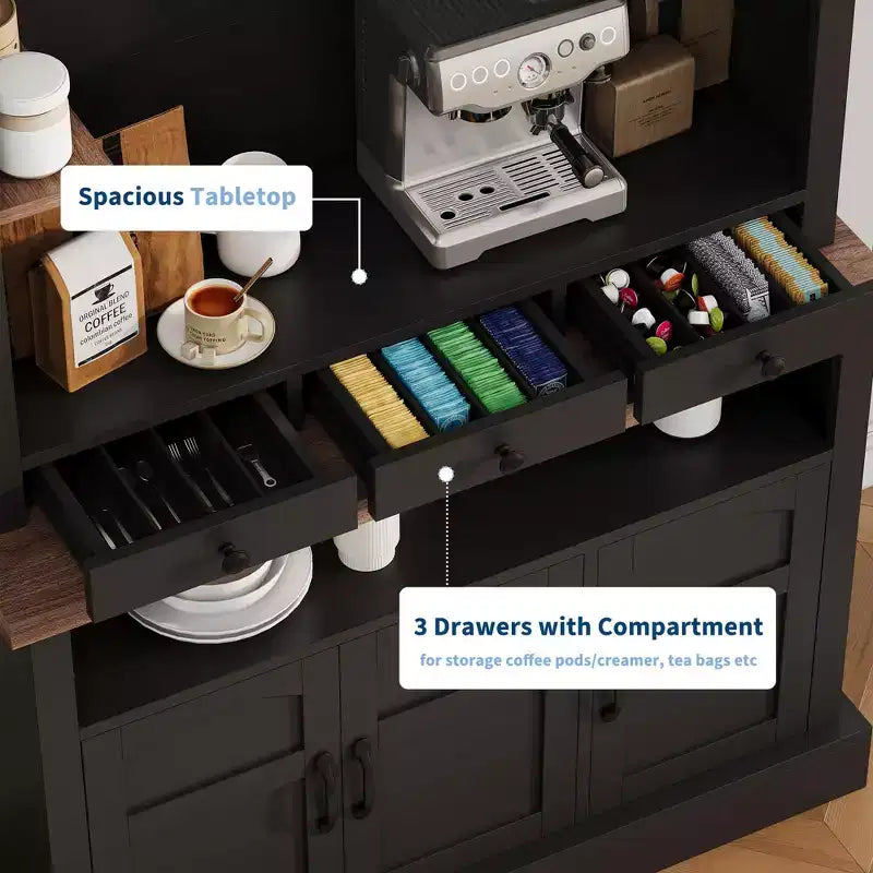 Mueble para cafetería con luz LED, aparador alto de estilo rústico con almacenamiento, armario buffet con soporte para microondas