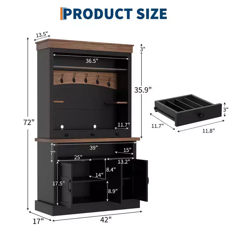 Mueble para cafetería con luz LED, aparador alto de estilo rústico con almacenamiento, armario buffet con soporte para microondas