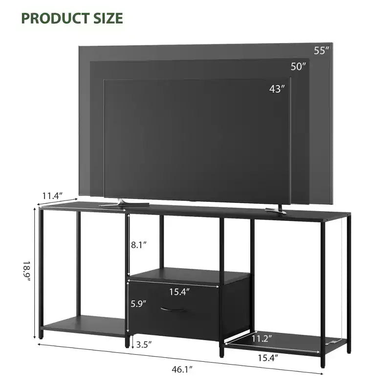 Mueble de TV de Metal y Tela con Estantes Abiertos y Cajón, Centro de Entretenimiento Moderno