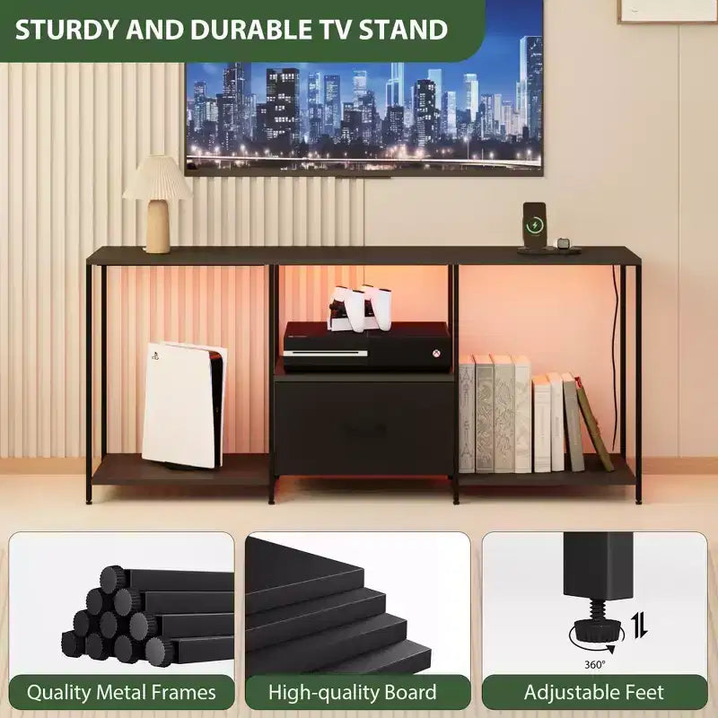 Mueble de TV de Metal y Tela con Estantes Abiertos y Cajón, Centro de Entretenimiento Moderno