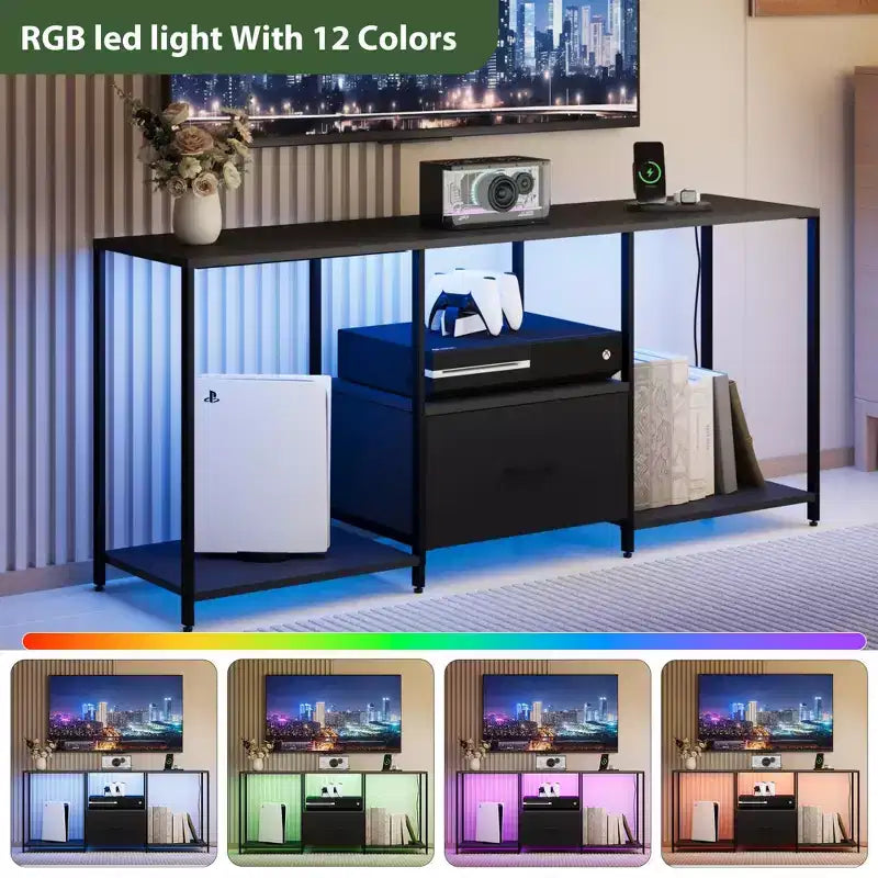 Mueble de TV de Metal y Tela con Estantes Abiertos y Cajón, Centro de Entretenimiento Moderno
