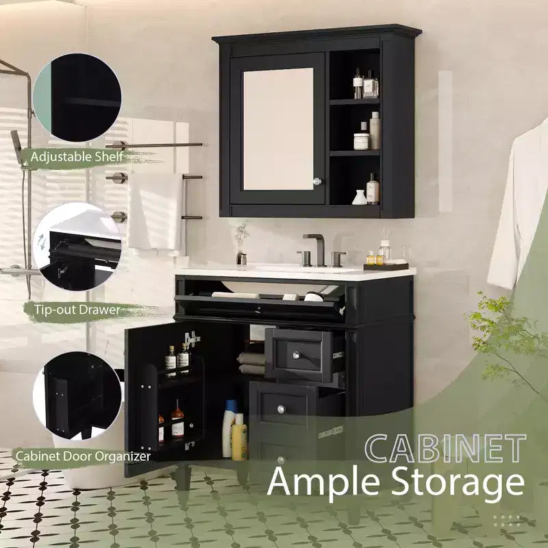 Tocador de baño de 30 pulgadas con lavabo, mueble de baño con cajones y espejo, armario con espejo para baño