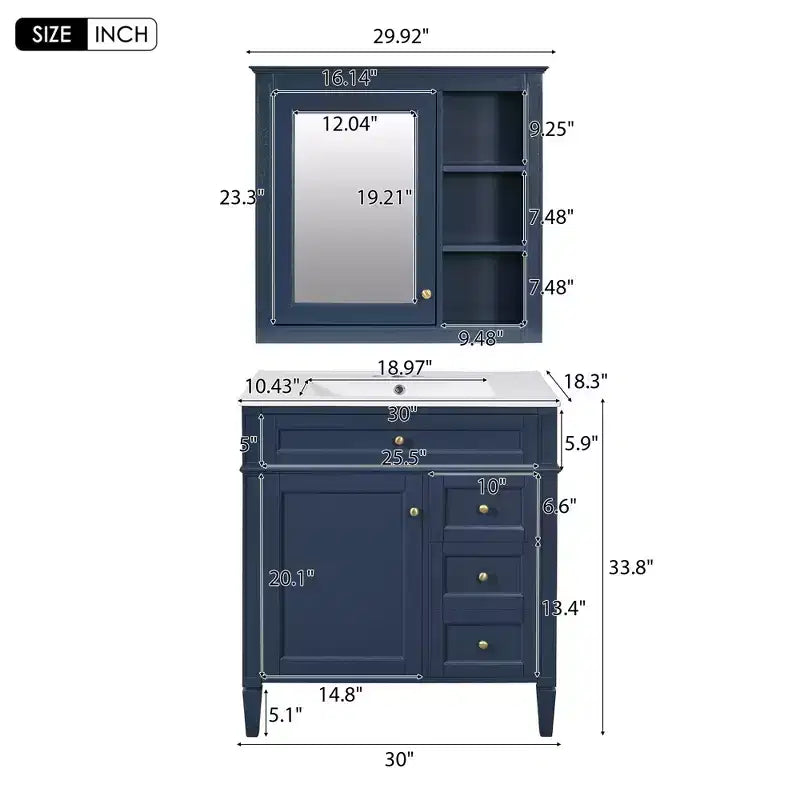 Tocador de baño de 30 pulgadas con lavabo, mueble de baño con cajones y espejo, armario con espejo para baño