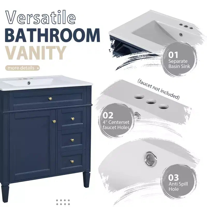 Tocador de baño de 30 pulgadas con lavabo, mueble de baño con cajones y espejo, armario con espejo para baño