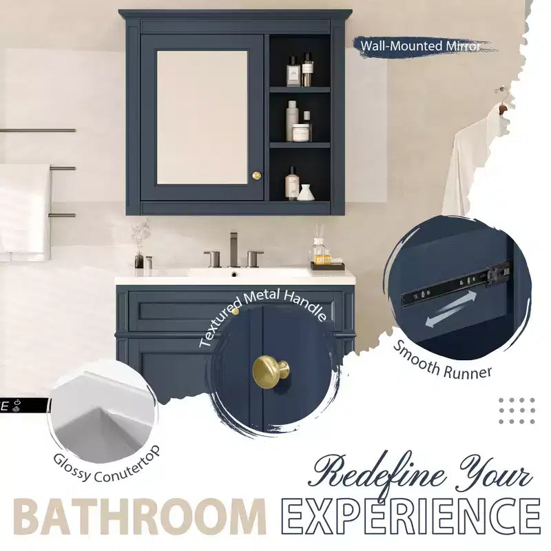 Tocador de baño de 30 pulgadas con lavabo, mueble de baño con cajones y espejo, armario con espejo para baño