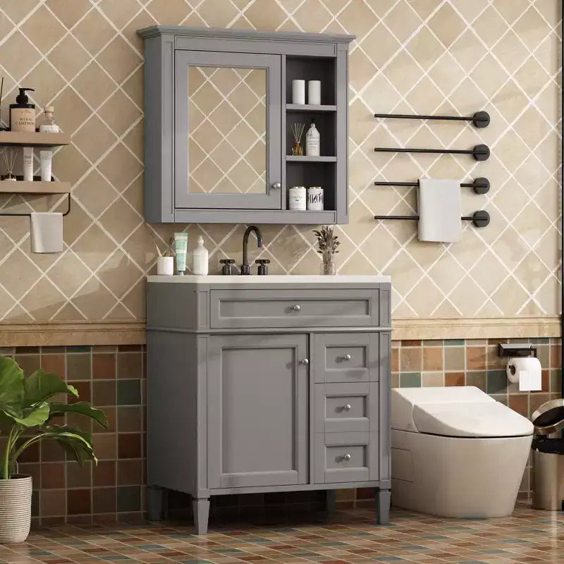 Tocador de baño de 30 pulgadas con lavabo, mueble de baño con cajones y espejo, armario con espejo para baño