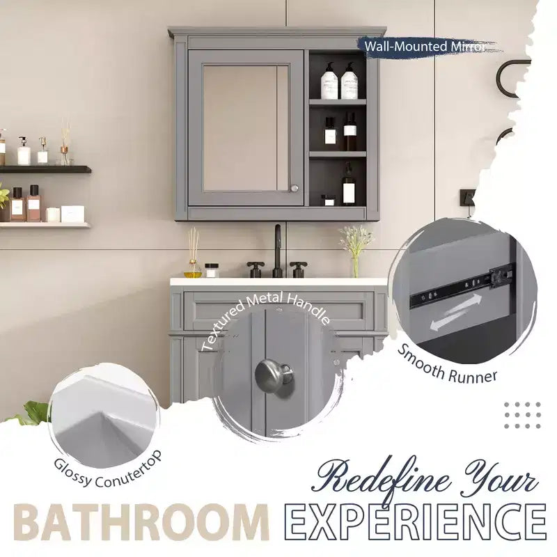 Tocador de baño de 30 pulgadas con lavabo, mueble de baño con cajones y espejo, armario con espejo para baño