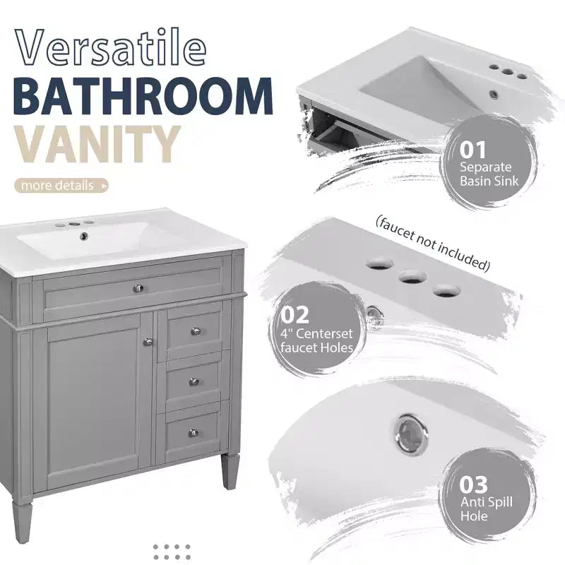 Tocador de baño de 30 pulgadas con lavabo, mueble de baño con cajones y espejo, armario con espejo para baño